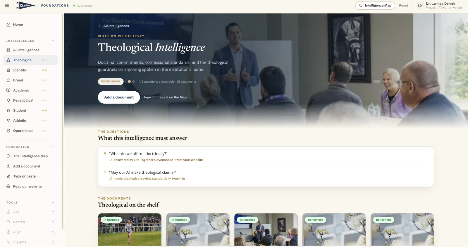 The Foundations product — an institution’s mission, identity, pedagogy, and policies in the system