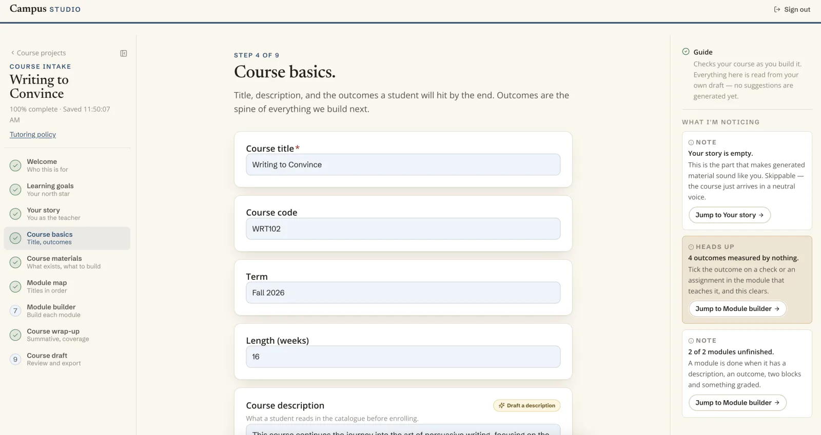 The Studio product — faculty authoring a course with the institution’s intelligence reading along
