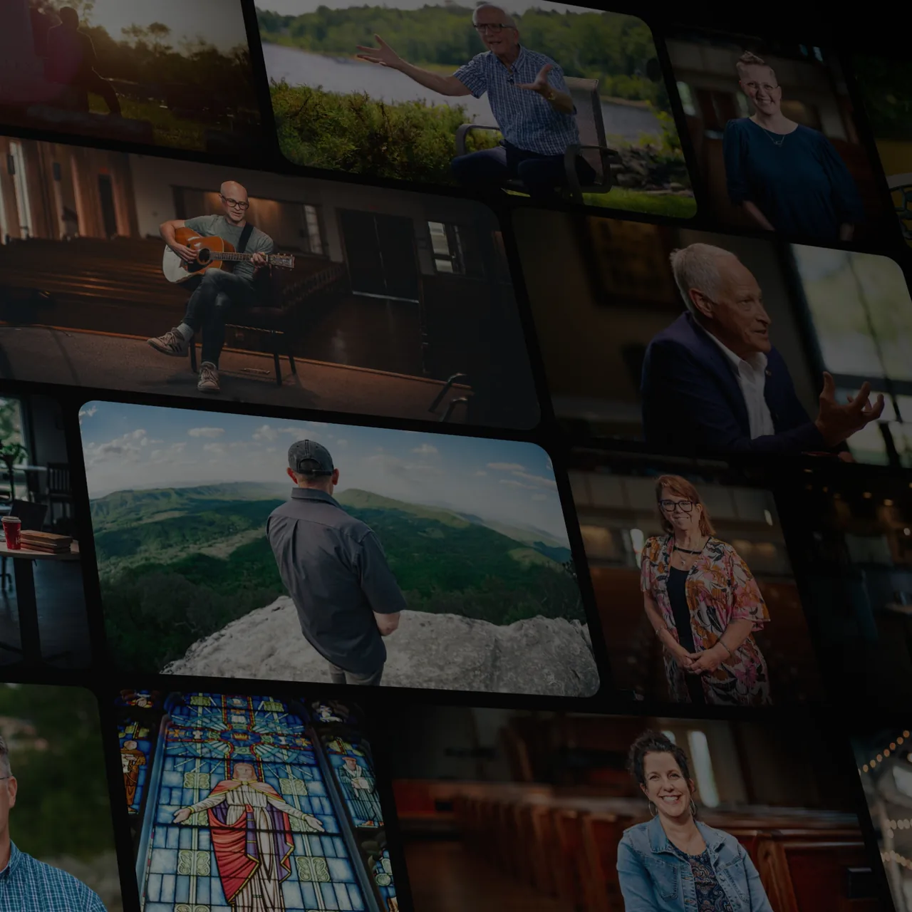 A wall of course video stills showing faculty teaching in classrooms, churches, and outdoors