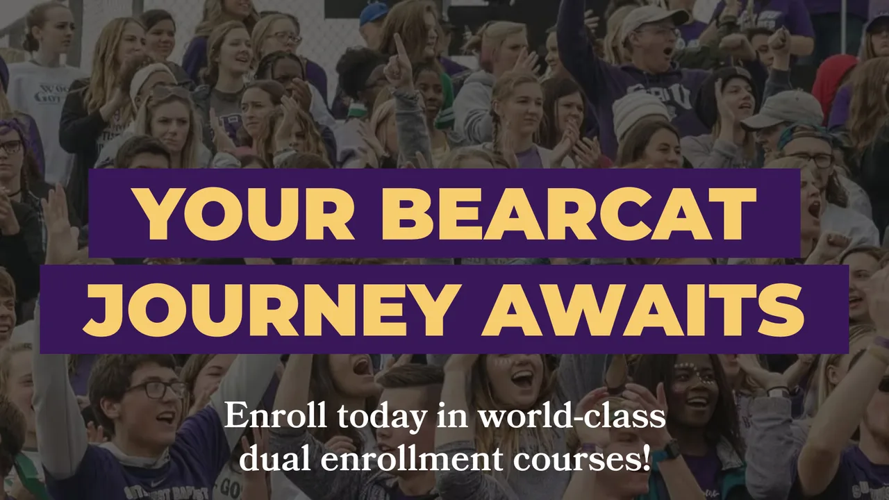 Southwest Baptist University students cheering in the stands, under the headline “Your Bearcat journey awaits”
